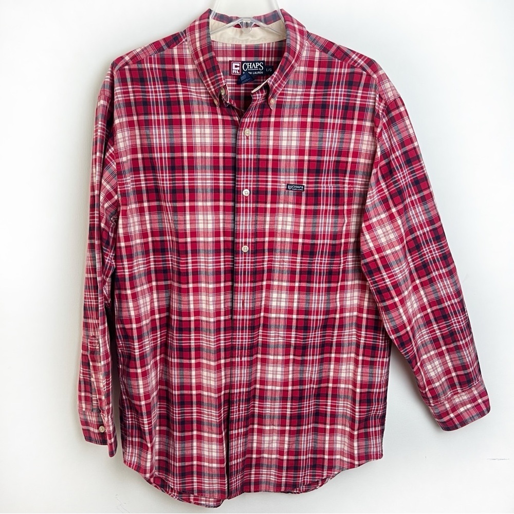 Ralph Lauren Chaps Red Navy Plaid Men's Button Down Shirt 100% Cotton Preppy